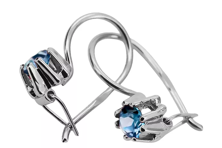 Argent sterling 925 14k 583 Aquamarine des boucles d'oreilles vec053s Russe Soviétique URSS Bijoux vintage Art Deco style